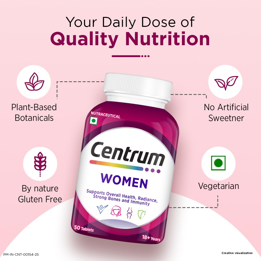 Centrum Women's supplement bottle on a pink background with text about quality nutrition.