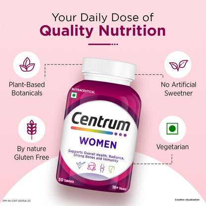 Centrum Women's supplement bottle on a pink background with text about quality nutrition.