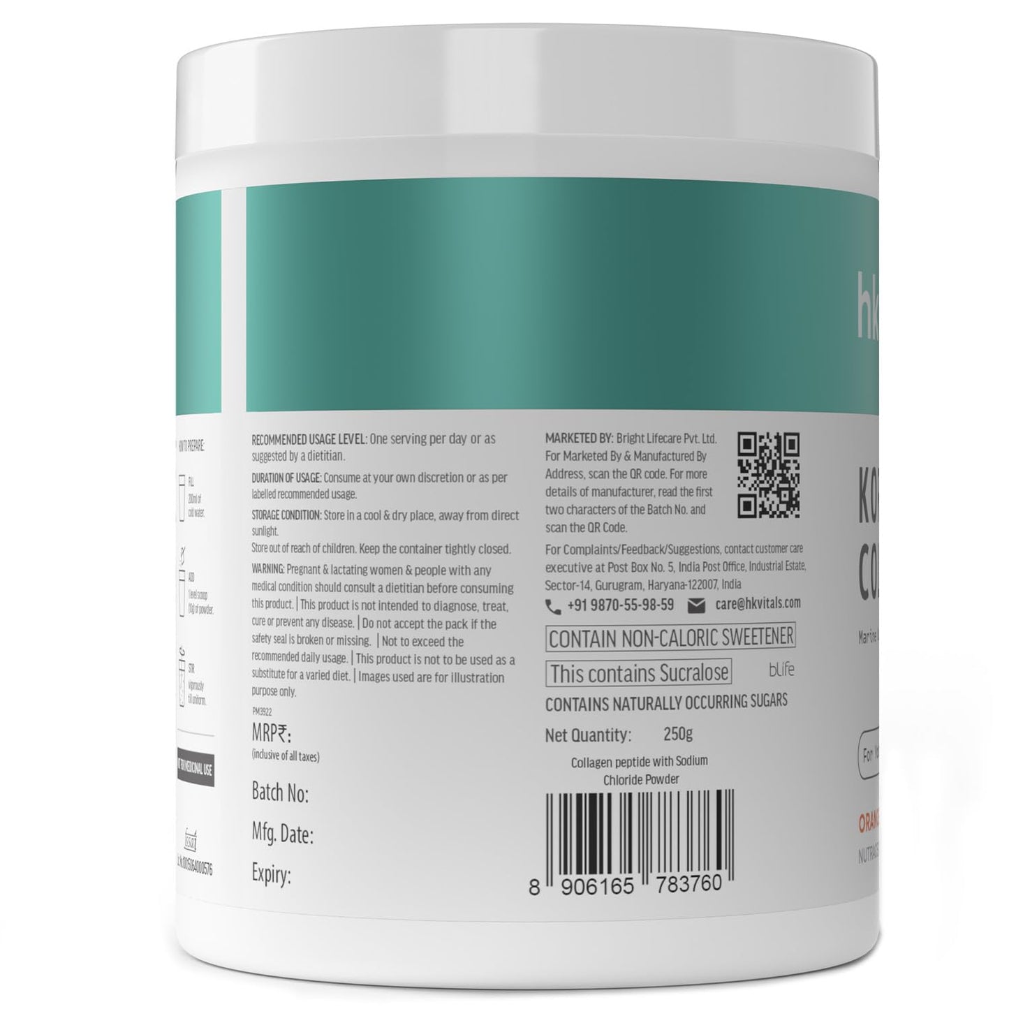HealthKart hk vitals Korean Marine Collagen Supplement (Orange, 250g) | Supplement for Women & Men | Promotes Healthy Skin, Hair & Nails