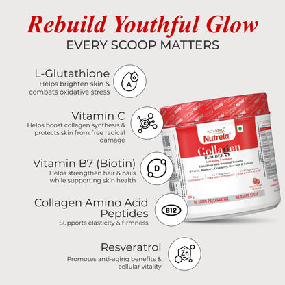 NUTRELA Collagen Builder For Men & Women|Patanjali Collagen Supplement Powder For Healthy Skin,Hair & Nails - 200 G (Strawberry Flavour,1 Count,20 Servings)