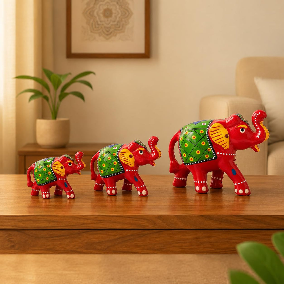 DreamKraft Paper Mache Elephant Showpiece for Enhance Home Decor - Red (Set of 3)