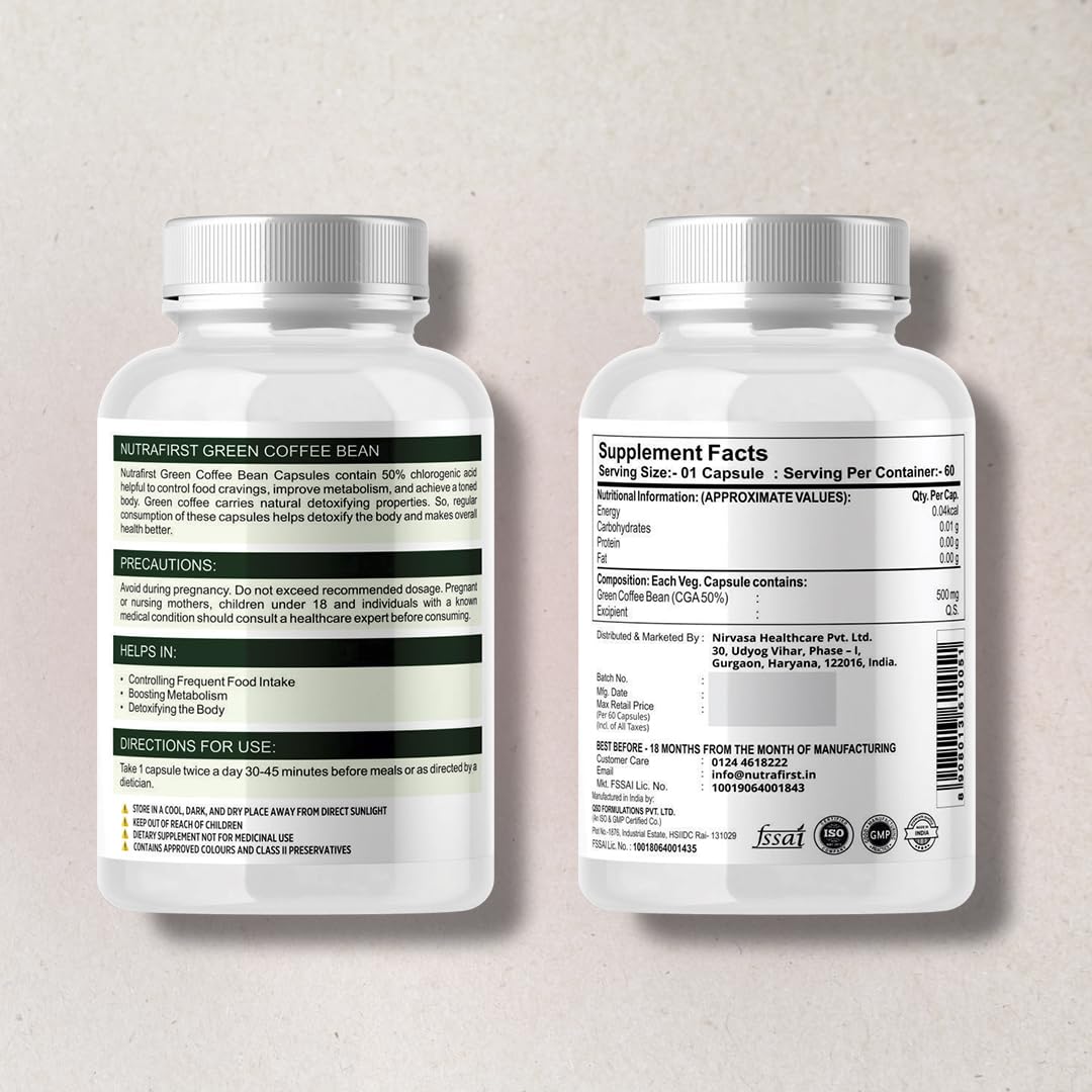 Nutrafirst Green Coffee Bean Extract Capsules (60 Caps) | 50% CGA | Natural Weight Management & Fat Burner Supplement | Supports Metabolism & Healthy Weight Loss | For Men & Women