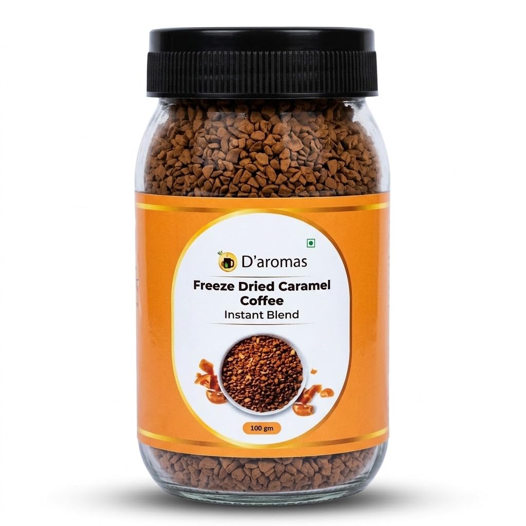 D'aromas Freeze Dried Caramel Coffee 100g | Premium Instant Flavoured Coffee Powder | Rich Aroma Smooth Caramel Taste | Perfect for Hot & Cold Coffee, Latte & Cappuccino