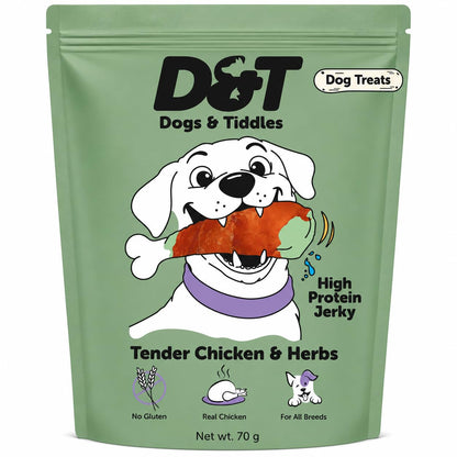 Dogs & Tiddles Tender Chicken & Herbs Jerky Dog Treats for Puppies & Adult Dogs, 70g | Soft & Chewy High-Protein Dog Snacks | Grain-Free Training Treats| Easily Digestible and Healthy