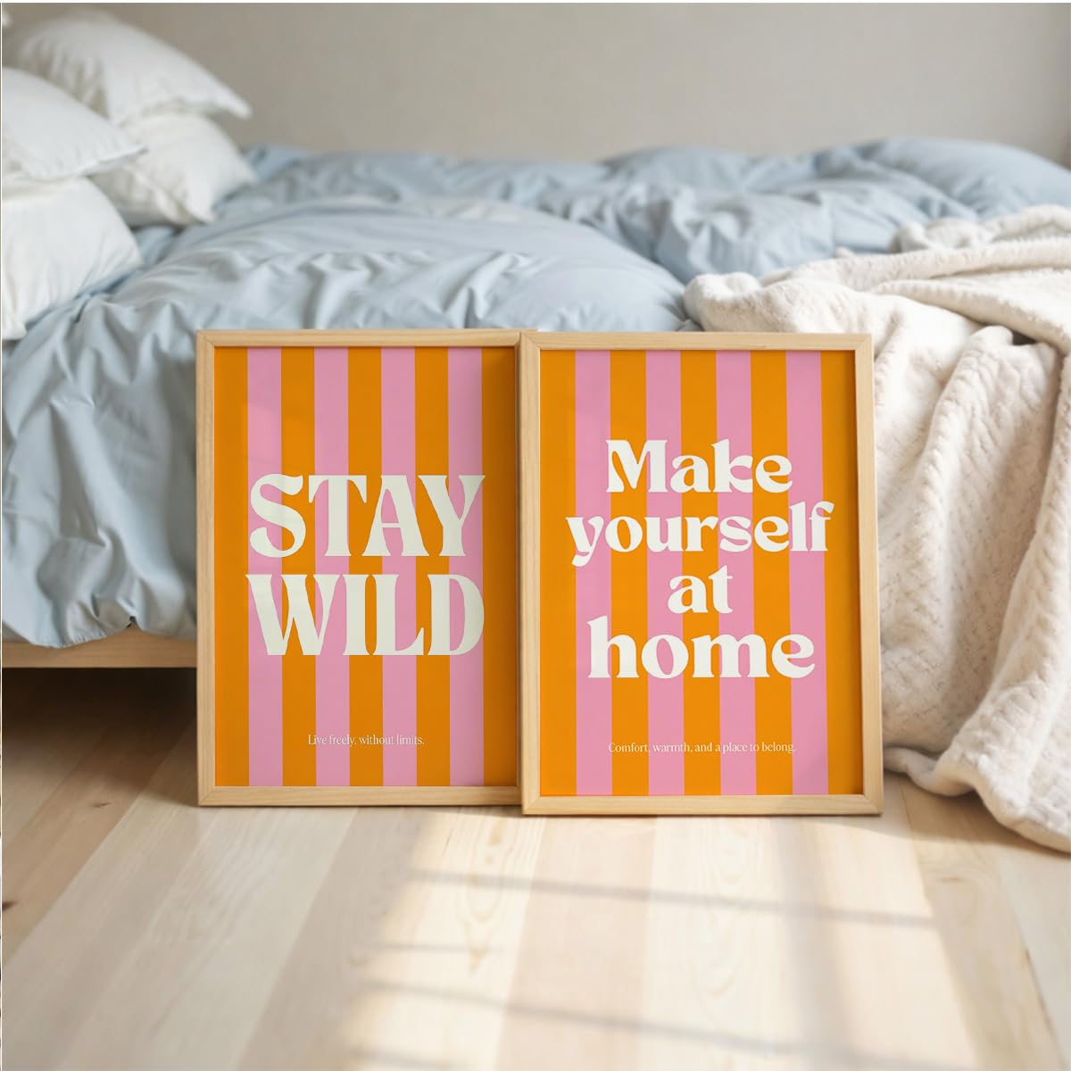 Stay Wild Make Yourself At Home Wall Art Set of 2 Framed Paintings | Orange Pink Retro Typography Poster | Bedroom Living Room Home Décor (Art 8, 10x13 Inches)