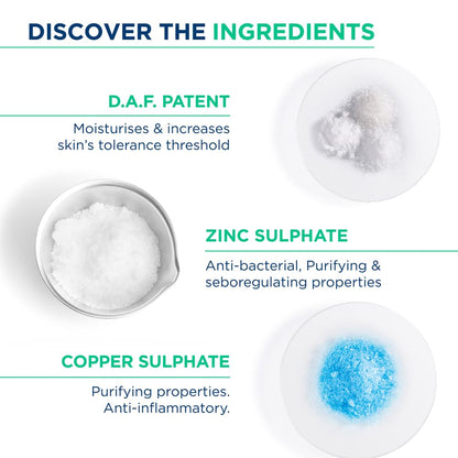 Ingredients of a skincare product with D.A.F. Patent, Zinc Sulphate, and Copper Sulphate displayed.