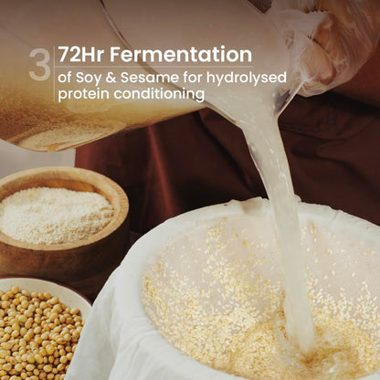 Fermentation process of soy and sesame seeds with text overlay on 72-hour fermentation.