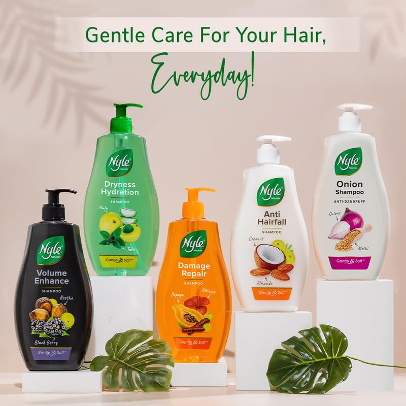 Nyle hair care products with text 'Gentle Care For Your Hair, Everyday!' on a beige background.