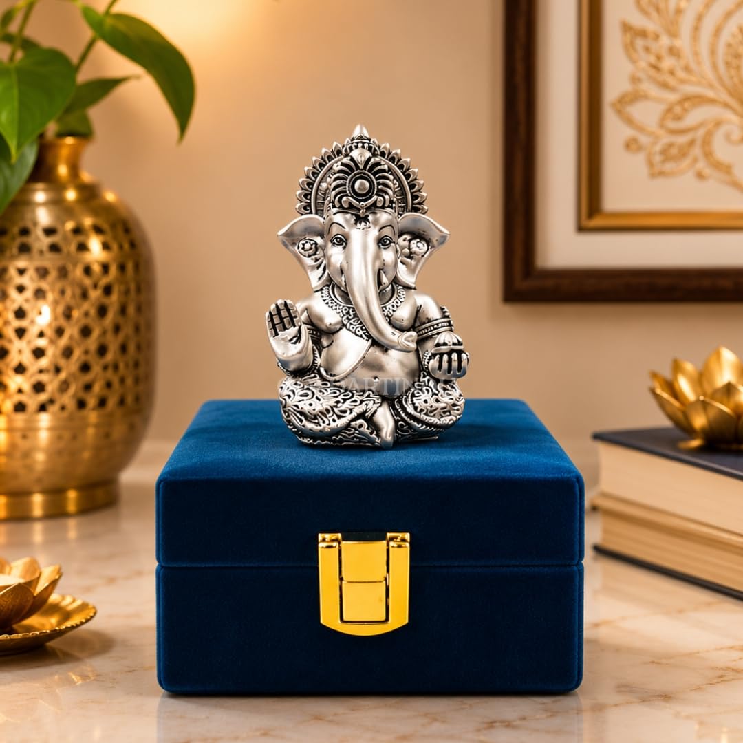Gold Art India Ganesh Idol 999 Silver Plated Antique Matte | 3 x 2 Inch Ganesha Murti with Peacock Blue Velvet Gift Box | Home Temple, Office Desk & Spiritual Gift