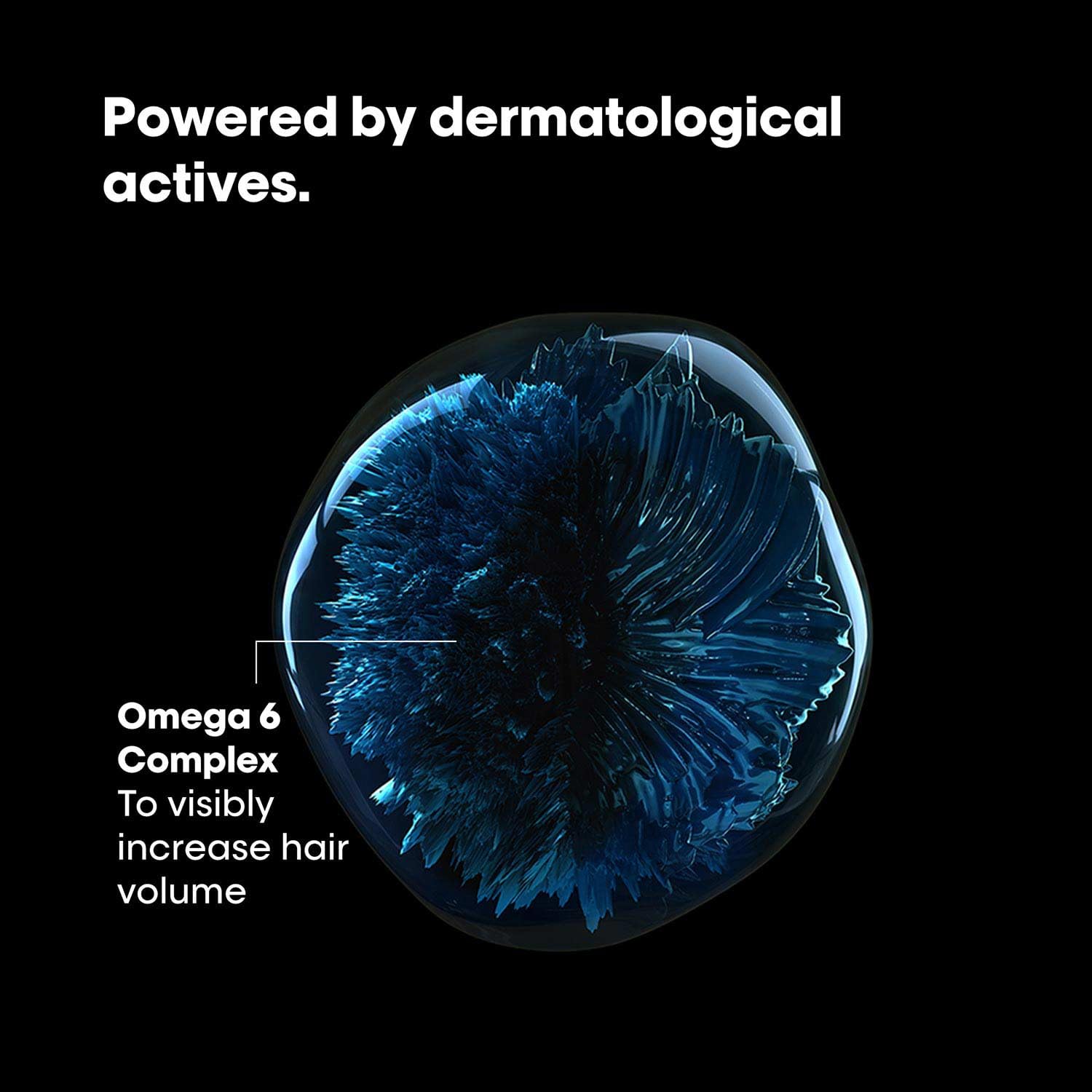 Blue hair follicle model with text about dermatological actives and omega 6 complex on a black background