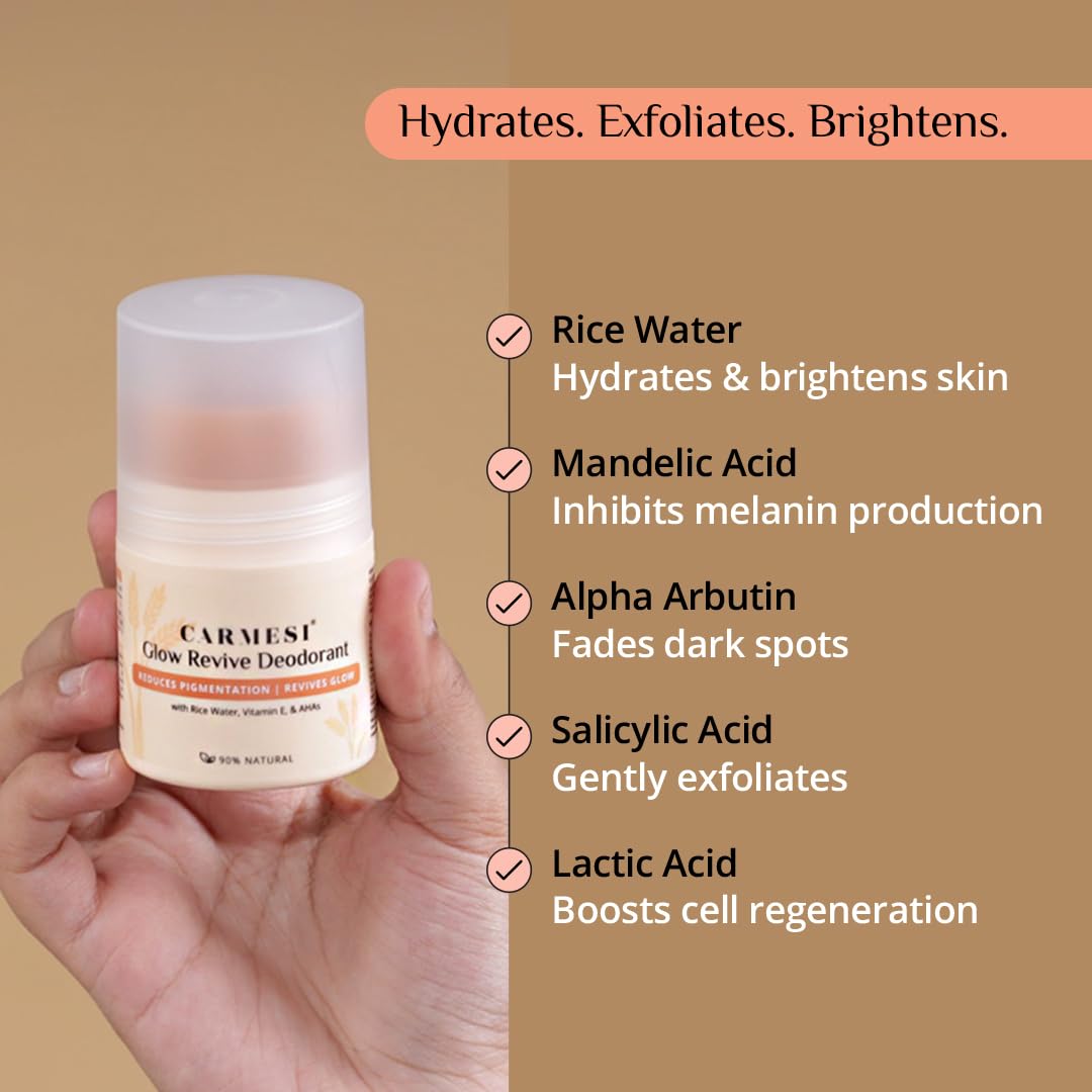 Carmesi Glow Revive Deodorant held by a hand with product benefits listed on a beige background
