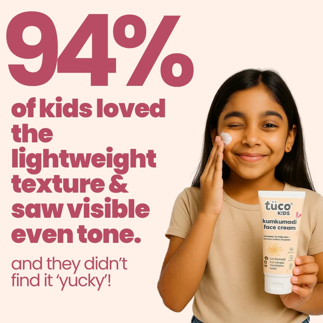 Tuco® Kids Kumkumadi Face Cream | Lightweight, Non Greasy & Fast Absorbing | Infused with Kumkumadi, Red Sandal Majistha & Turmeric | Fights Tan, Brighten Skin & Reduce Dull Spots | SLS & Paraben Free | Safe for Baby-50gm