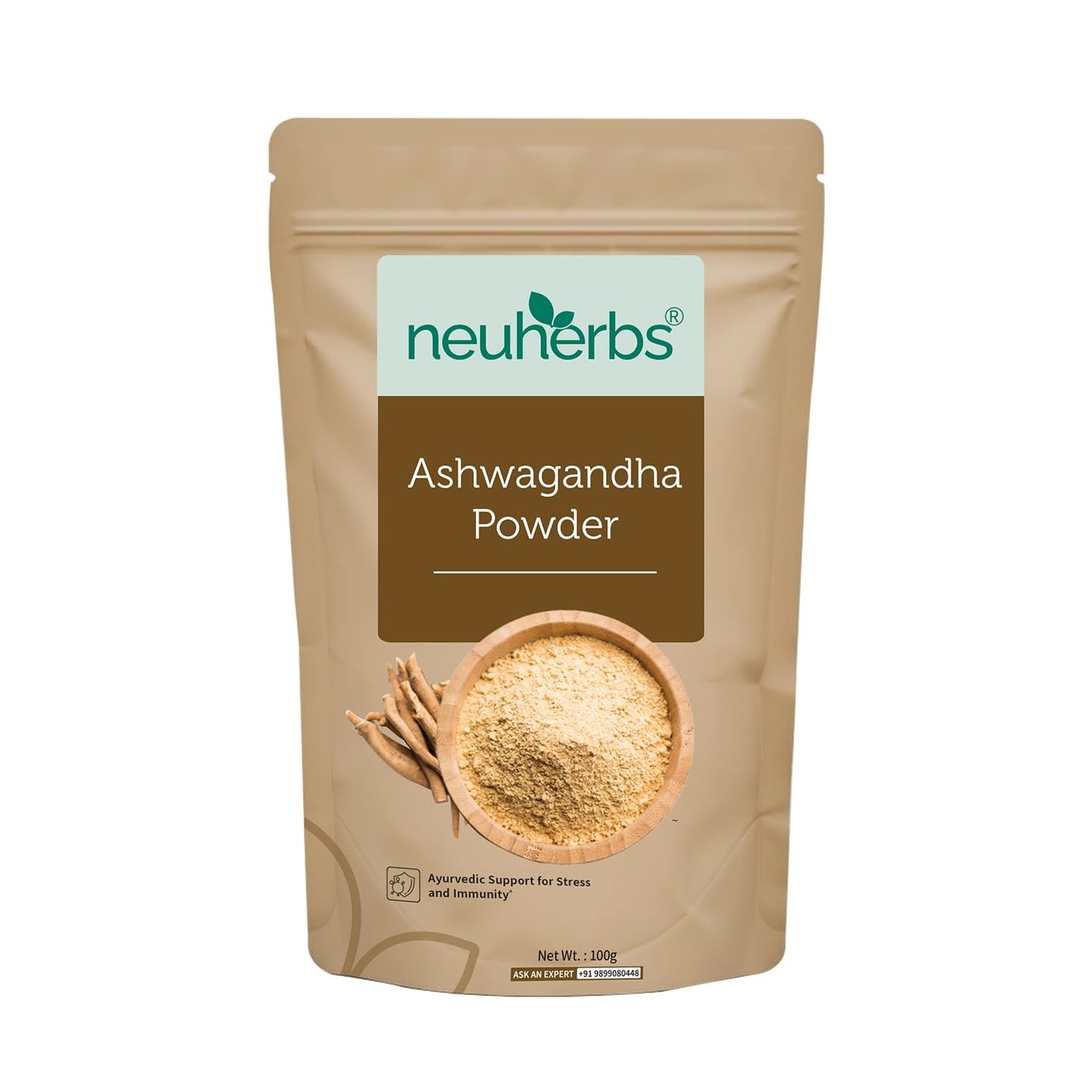 Package of neuherbs Ashwagandha Powder on a white background