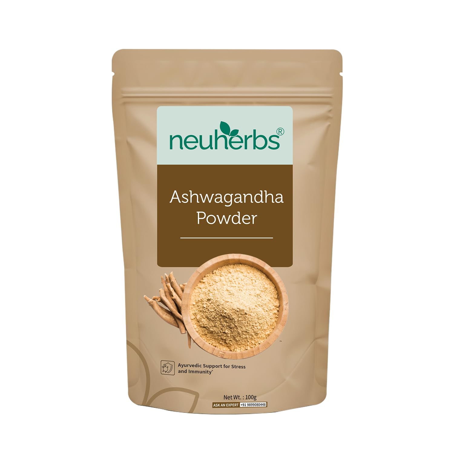Package of neuherbs Ashwagandha Powder on a white background