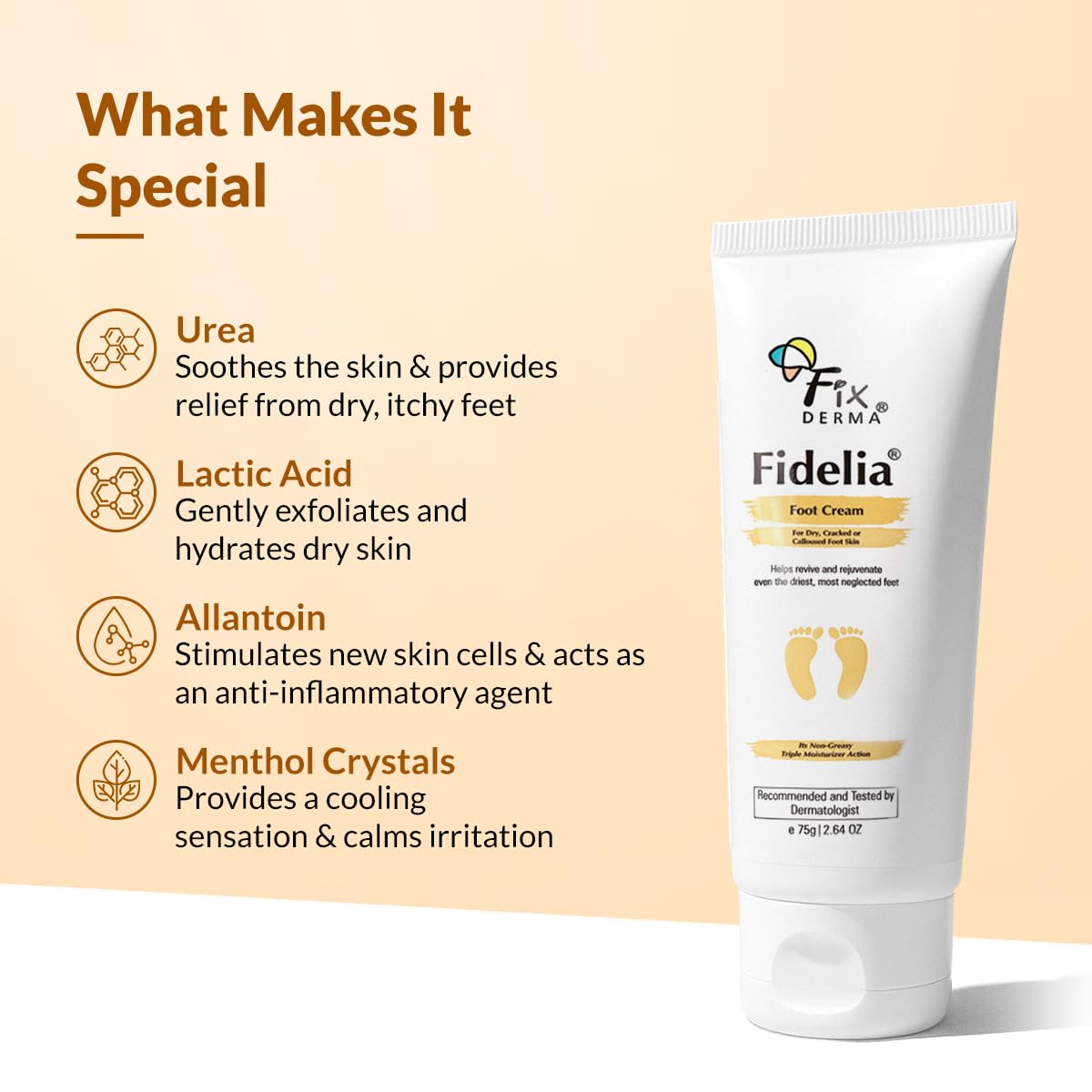 Fixderma 5% Lactic Acid, 15% Urea, 3% Glycerine Fidelia Foot Cream For Dry & Cracked Feet, Moisturizes and Soothes Feet, Heel Repair Paraben & Sulphate Free, All Skin Types 75gm