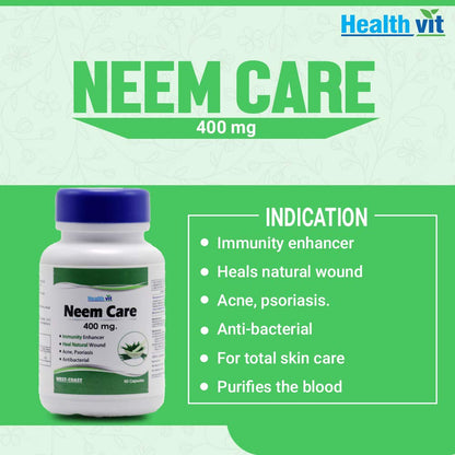 Health vit Neem Care supplement bottle with product details on a green background
