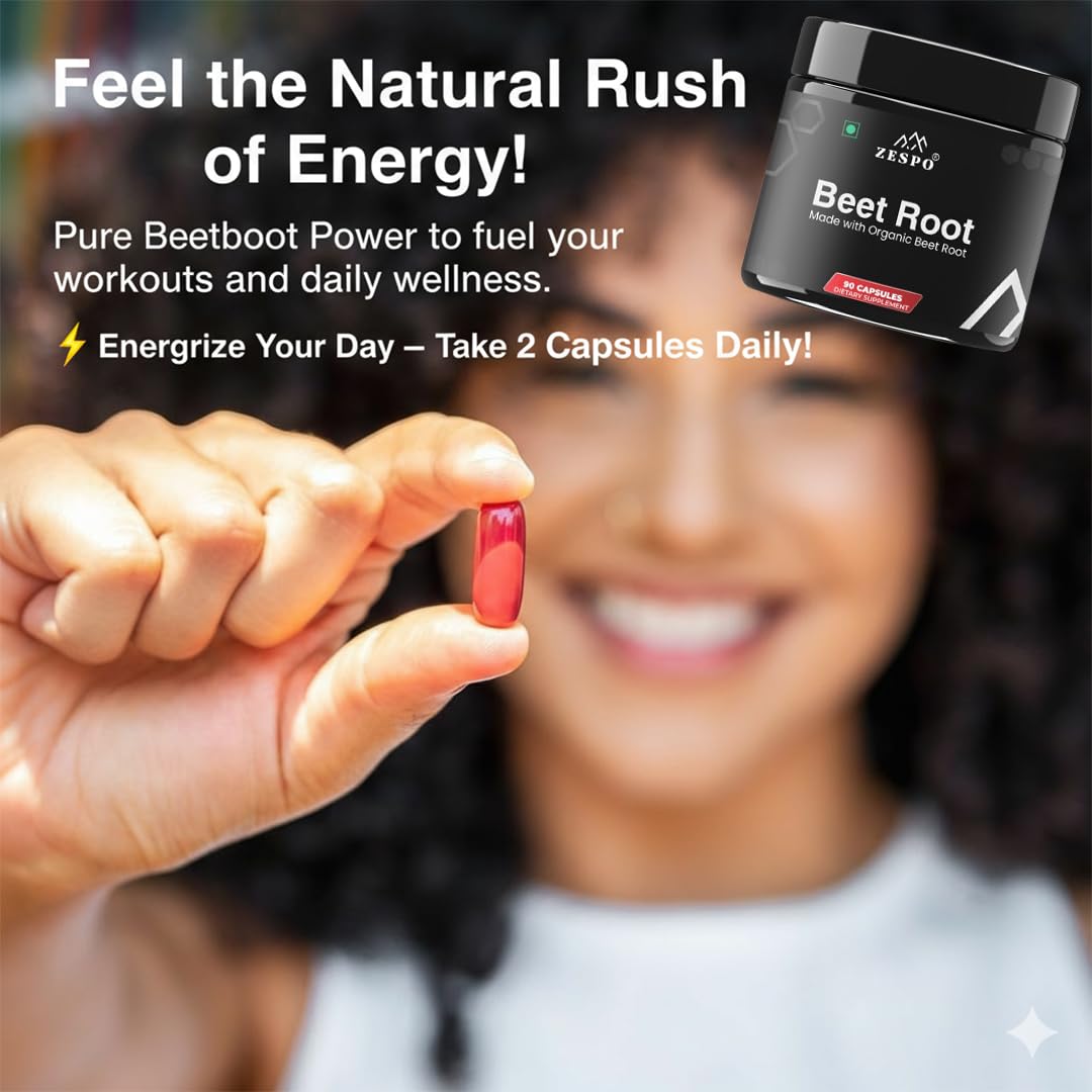 Person holding a red supplement capsule with ZESPO Beet Root supplement container in the background