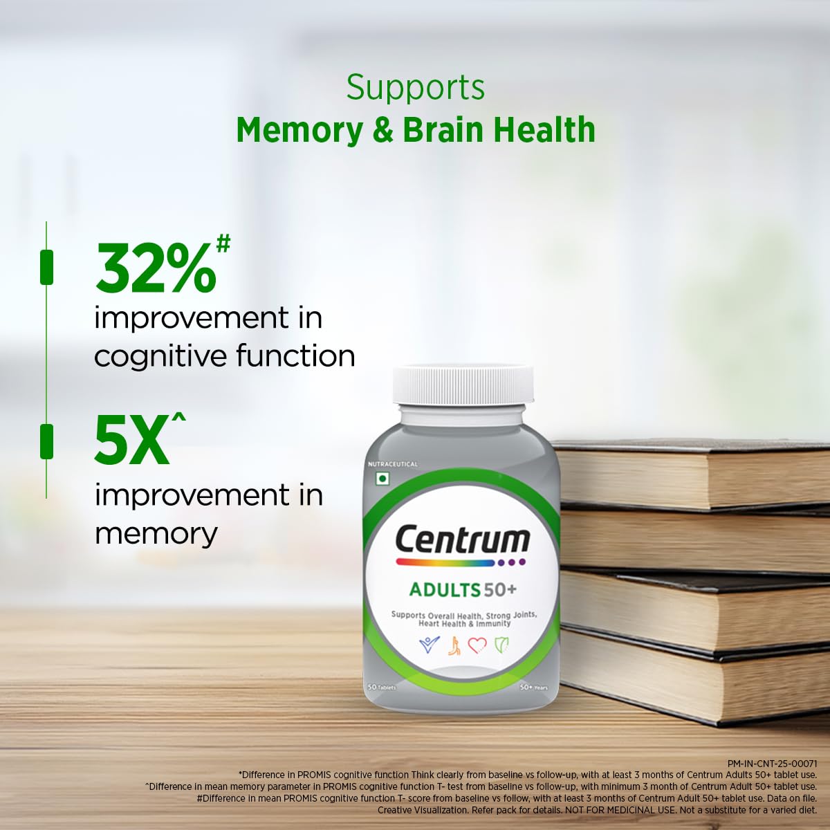 Centrum supplement bottle for adults 50+ on a wooden surface with books in the background