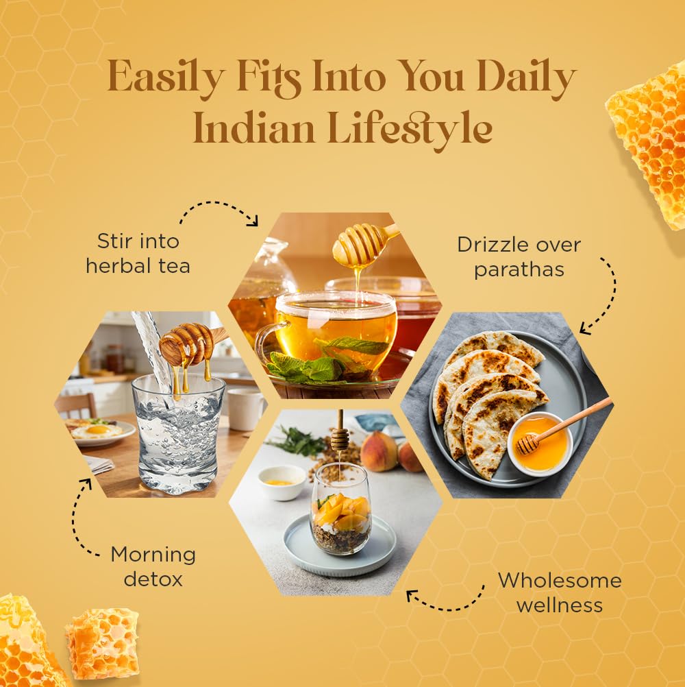 Honey usage scenarios for an Indian lifestyle on a yellow background