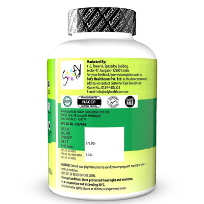 Supplement bottle with green label and white container on a white background