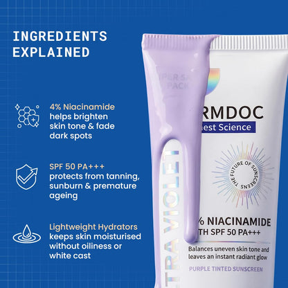 DERMDOC SPF 50 Ultra Violet Brightening Tinted Sunscreen with 4% Niacinamide, 100g | PA +++ | With Purple Tint | Evens Skin Tone | Lightweight | UVA & UVB Protection | Zero White Caste | Strengthens Skin Barrier | Ultra-Light & Non-Greasy