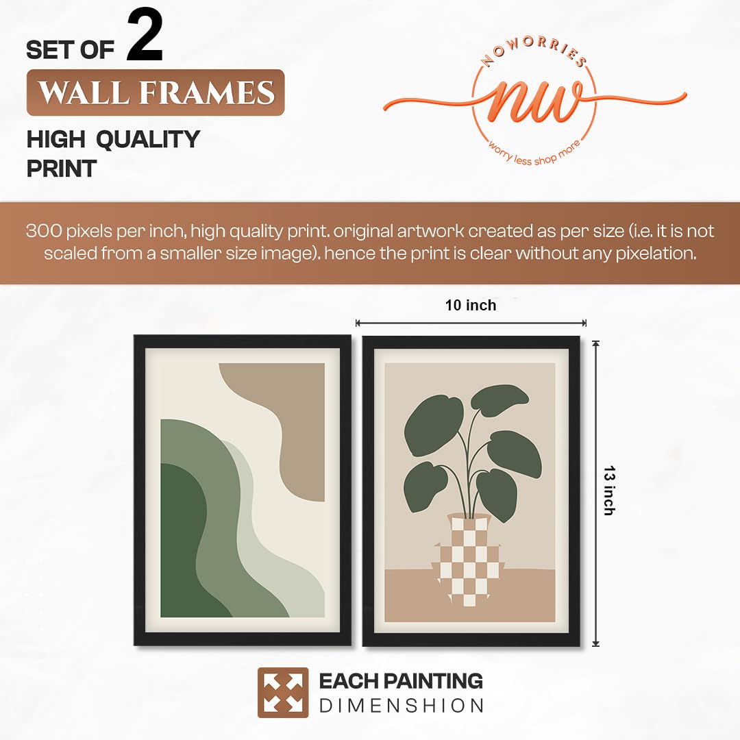 Modern Abstract Botanical Wall Art Set of 2, Minimalist Green Plant Prints, Neutral Beige Framed Wall Decor with Wooden Frames for Living Room, Bedroom & Office