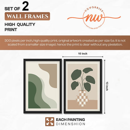 Modern Abstract Botanical Wall Art Set of 2, Minimalist Green Plant Prints, Neutral Beige Framed Wall Decor with Wooden Frames for Living Room, Bedroom & Office