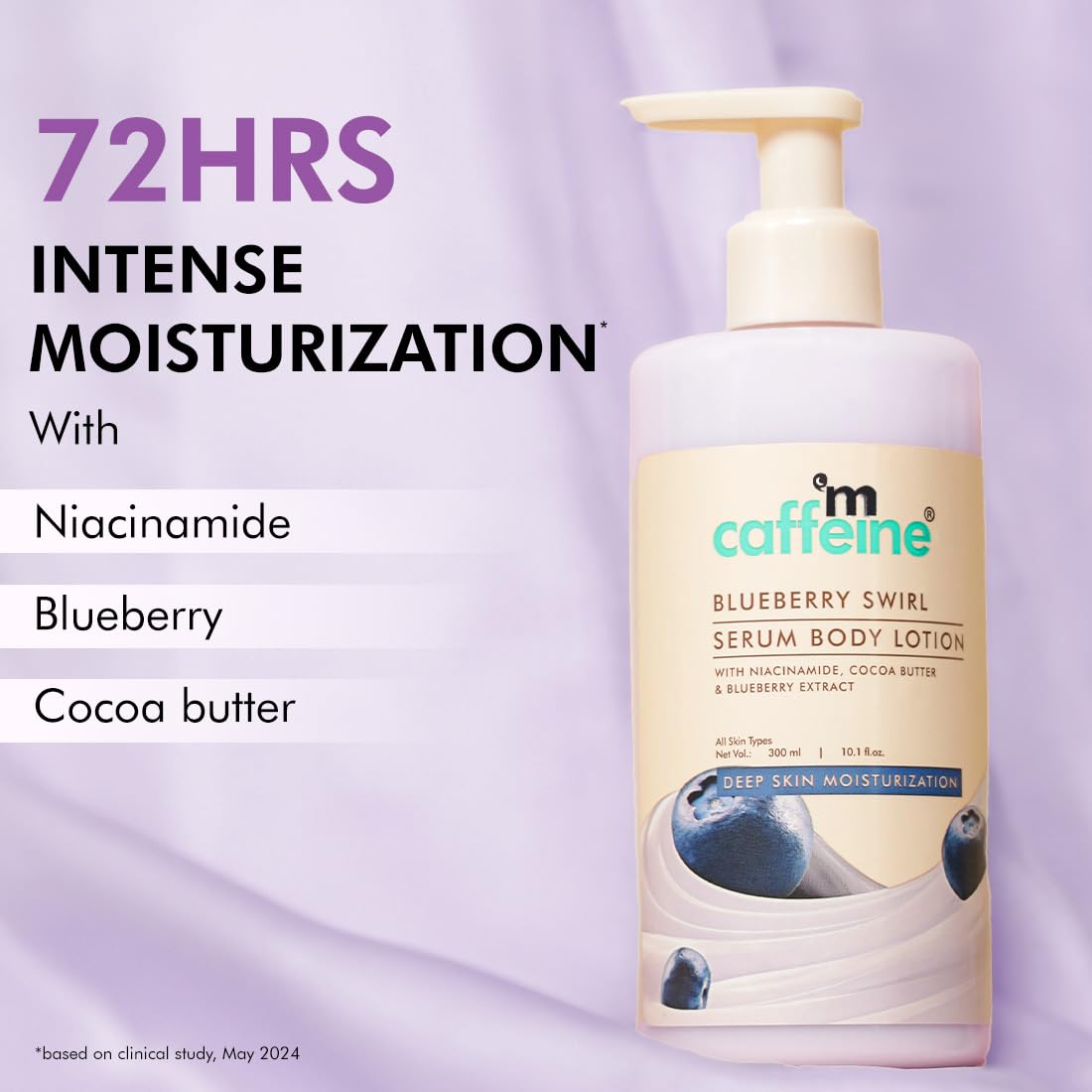 Body lotion bottle with ingredients listed on a purple background