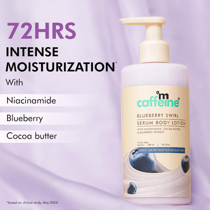 Body lotion bottle with ingredients listed on a purple background
