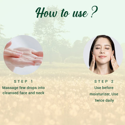 Instructions on how to use a skincare product with a woman massaging it onto her face.