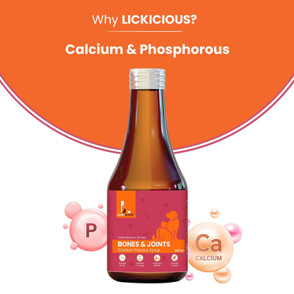 LICKICIOUS Bone & Joint Syrup for Dogs & Cats 200ml | Calcium, Minerals, Amino Acids & Vitamins for Stronger Bones, Cartilage & Muscles, Improved Mobility | Chicken Flavour Supplement/Tonic for Pets