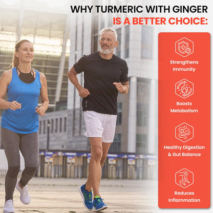 Two people running outdoors with a supplement benefits panel on the right.