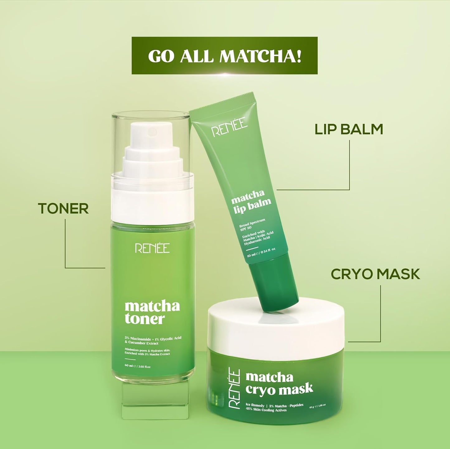 RENEE Matcha Lip Balm For Dry, Chapped Lips With SPF 50 | Nourishes, Repairs & Protects Lips | Reduces Pigmentation, Glossy Finish | Matcha Oil, Kojic Acid & Hyaluronic acid | 10 g