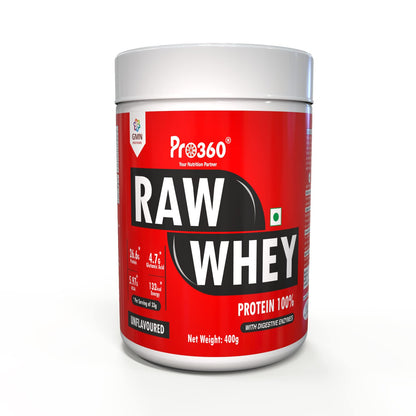 Pro360 Raw Whey Protein 100% - Unflavored - 400gm (100% Whey with Digestive Enzymes, 26.6g Protein, 5.97g BCAA, 4.7g Glutamic Acid per Serving)