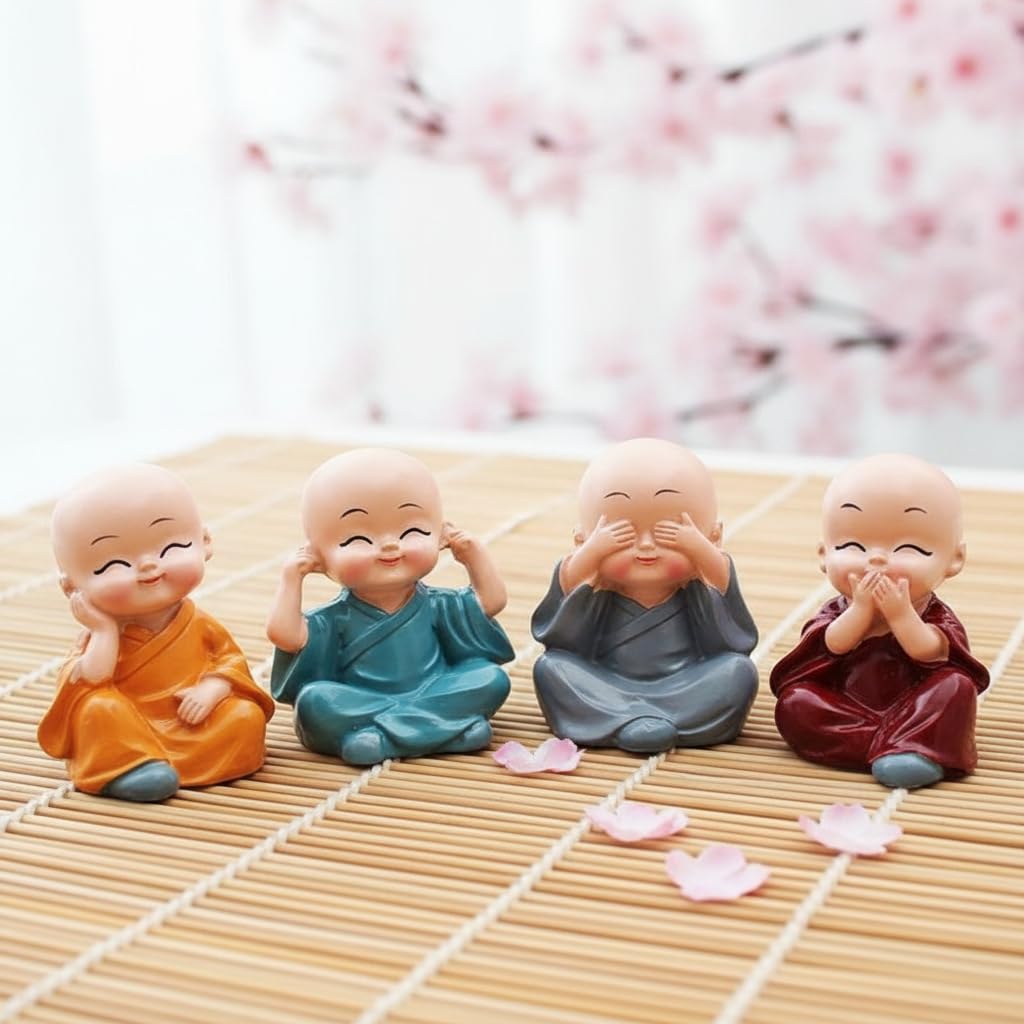 Buddha Monk Statues Set of 4 – Miniature Buddha Monk Statues for Home Decor and Gifts, Multicolour Resin Showpiece for Indoor | Cute Monk Figurines | Ideal Gift for Birthday