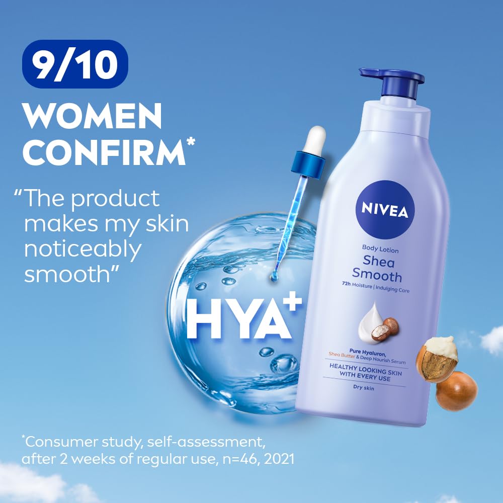 NIVEA Shea Smooth Body Lotion | Hyaluronic Acid & Shea Butter & Deep Nourish Serum Moisturizer | Lightweight Non-Greasy Body Cream | Body Moisturiser for 72H Hydration for Dry Skin | - 600ml