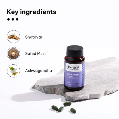 HealthKart hk vitals Muscle Builder (60 Tablets) | Blend of Ashwagandha, Shatavari and Safed Musli | For Immunity, Muscle Strength and Vitality