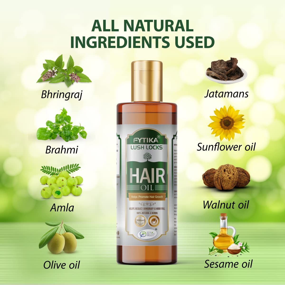 Fyтика Lush Locks hair oil bottle with natural ingredients displayed on a green background