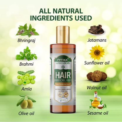 Fyтика Lush Locks hair oil bottle with natural ingredients displayed on a green background