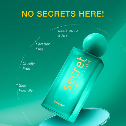 Teal bottle labeled 'Secret Temptation' with product features on a green background
