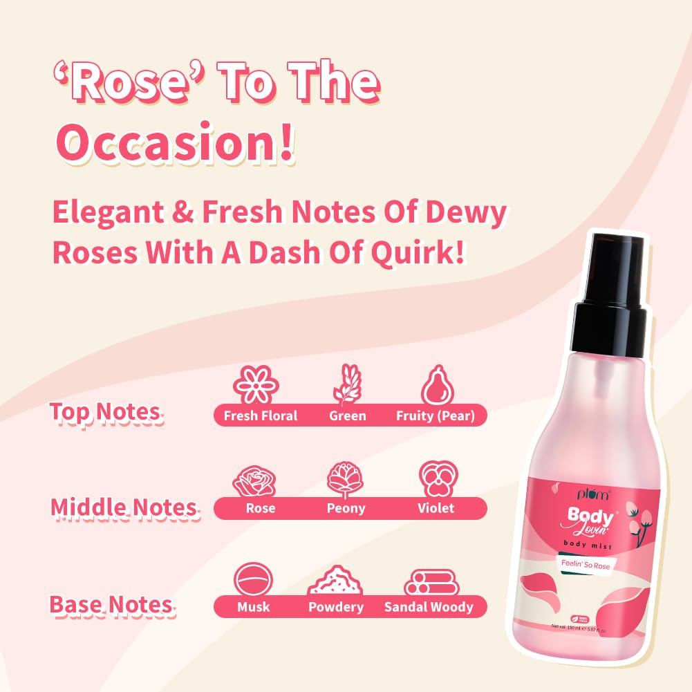 Plum BodyLovin' Feelin' So Rose Body Mist | Long Lasting Floral Fragrance For Women With Fresh Floral, Rose & Musk | High On Fun | Travel-Friendly Perfume Body Spray 150 ml