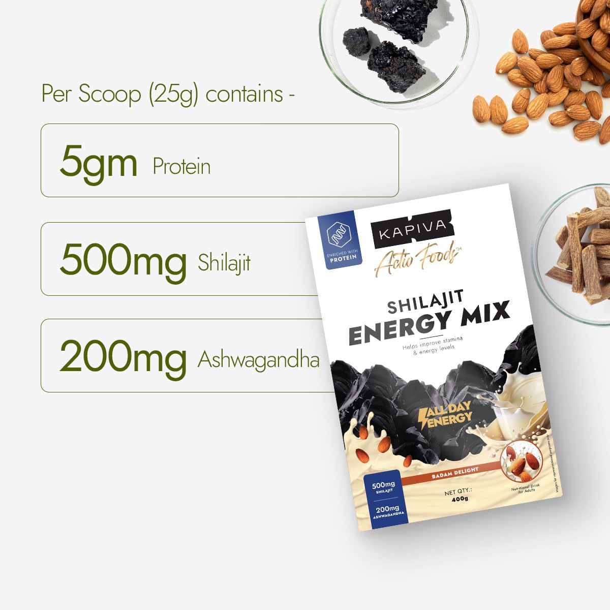 Kapiva Shilajit Energy Mix | Badam Flavour | Energy Drink for Men | Natural Nutritional Supplement |60% + Fulvic Acid, 80+ Minerals | Pure Himalayan Shilajit, Ashwagandha, 5g Protein | Improves Daily Energy, Stamina and Focus| 400g