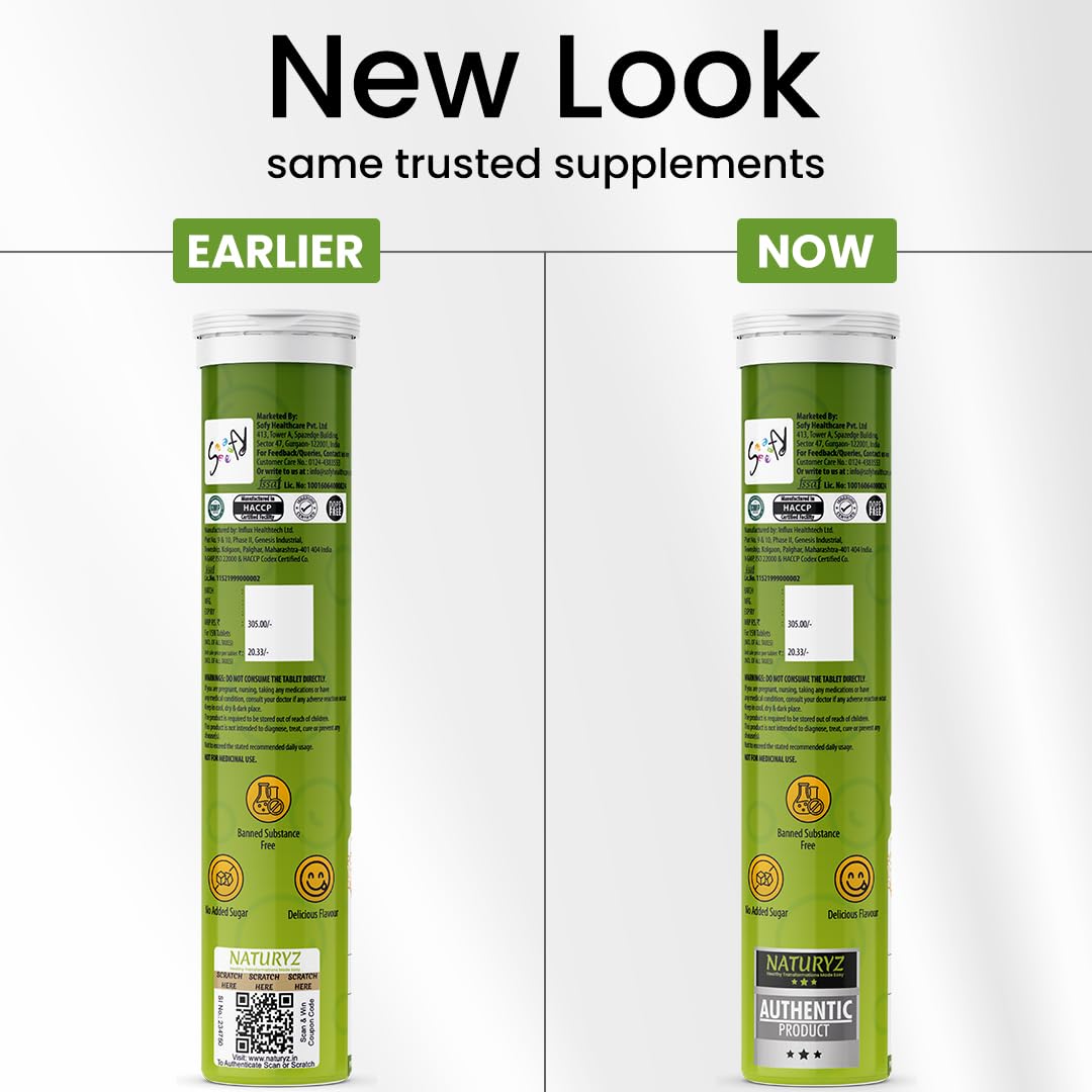 Two green supplement tubes side by side with text indicating a 'New Look' comparison.