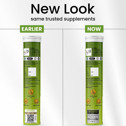 Two green supplement tubes side by side with text indicating a 'New Look' comparison.