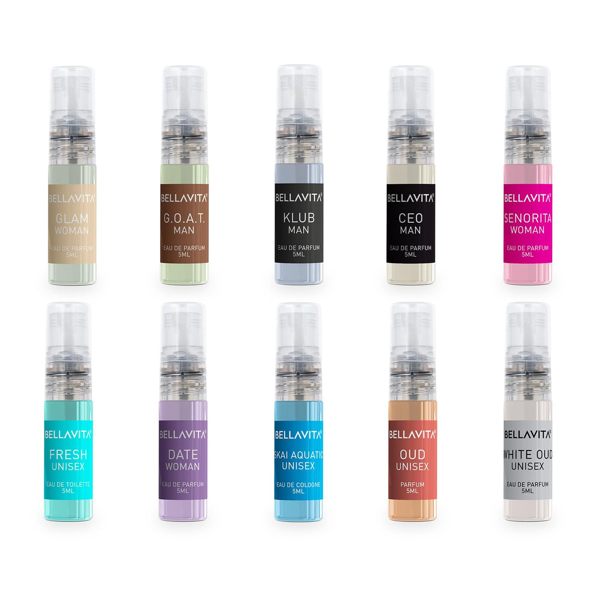 Collection of Bellavita perfume bottles on a white background