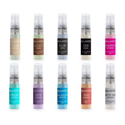 Collection of Bellavita perfume bottles on a white background
