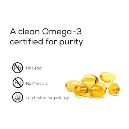 Yellow omega-3 capsules with certification icons on a white background