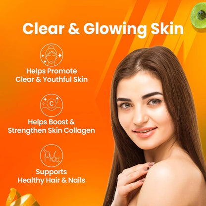 Advertisement for skincare product with a woman's face on an orange background