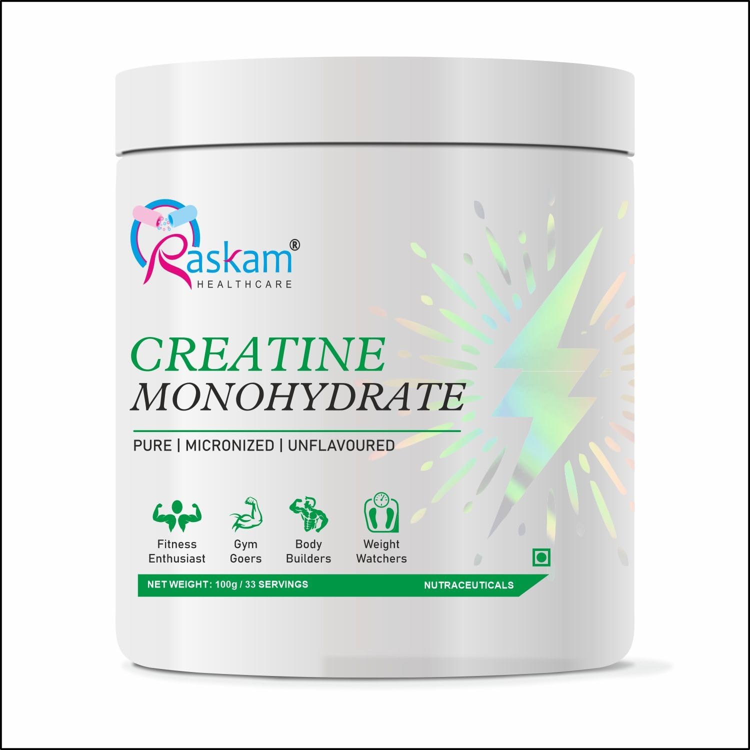 Container of Raskam Creatine Monohydrate powder on a white background