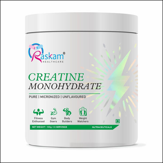 Container of Raskam Creatine Monohydrate powder on a white background